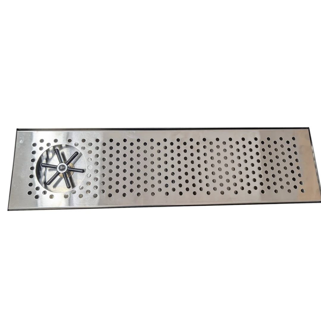 Stainless steel drip tray with glass rinser and removable grate, 24–76 inch adjustable length.