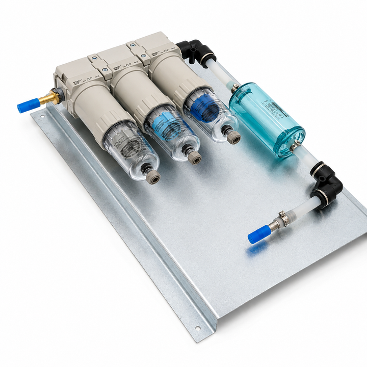 Panel-mounted multi-stage compressed air filtration assembly including the Parker Balston inline air filter