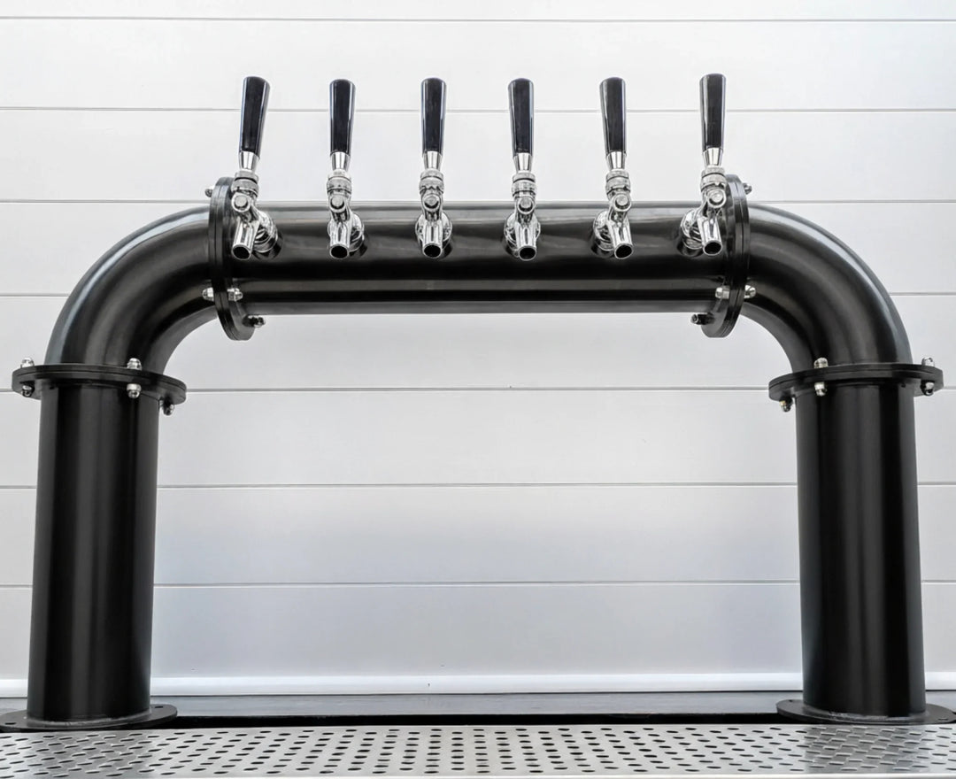 Custom black 4" six faucet beer tower by Quality Draft Solutions