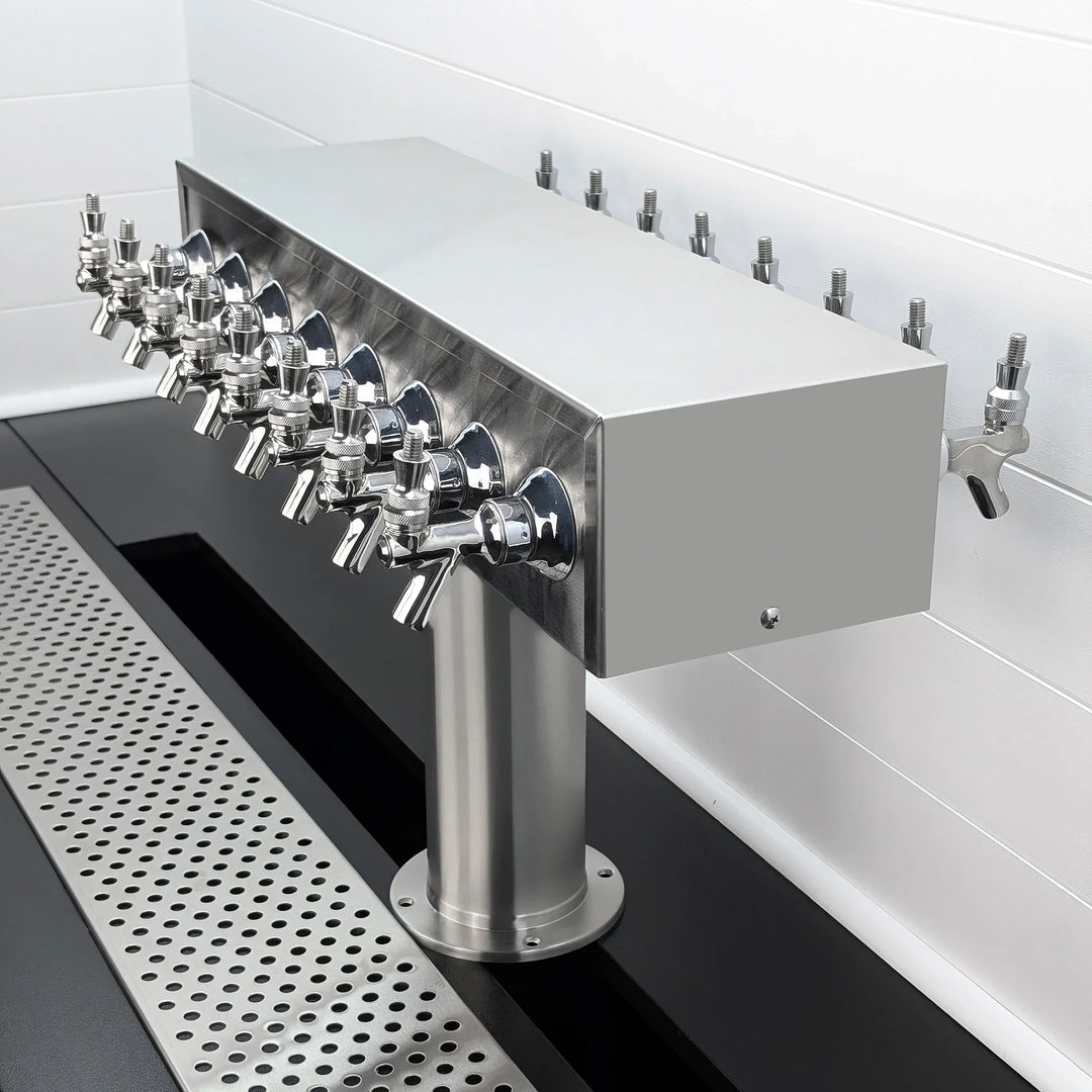 Rear side view of the dual sided stainless steel draft beer tower showing faucet shanks on the opposite side